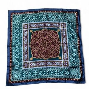 Ornate Teal & Burgundy Square Silk-Feel Scarf